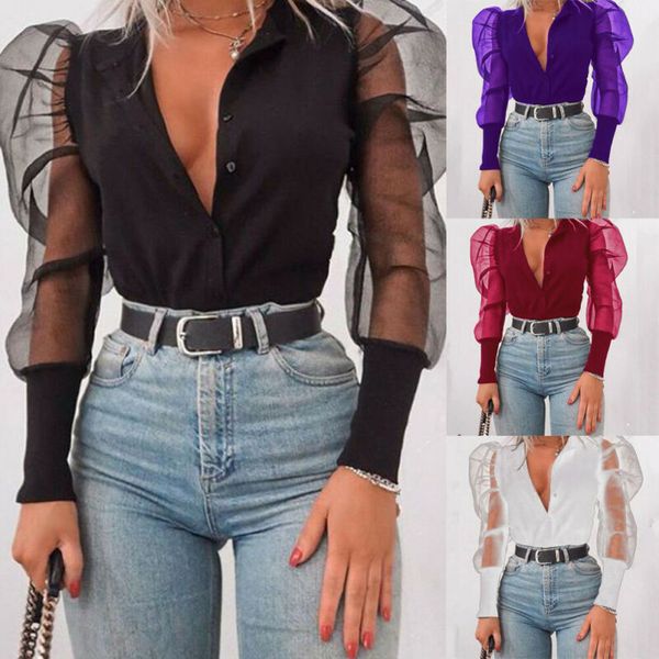 womens button neck tulle ruffle shirt ladies casual long sleeve blouse ladies transparent v-neck blouses clothing, White 
womens button neck tulle ruffle shirt ladies casual long sleeve blouse ladies transparent v-neck blouses clothing, White