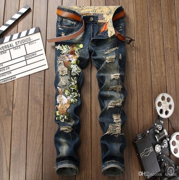 fashion mens tiger embroidery jeans designer distressed slim fit denim pants straight leg streetwear big size high street trousers 0795, Blue
fashion mens tiger embroidery jeans designer distressed slim fit denim pants straight leg streetwear big size high street trousers 0795, Blue