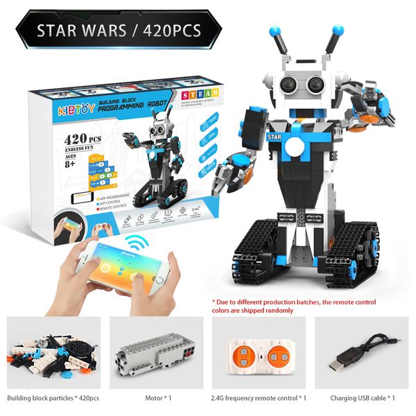 

electronics coding robot 420 pcs building blocks programming robot assembled toys rechargeable with tracks control by remote app blue