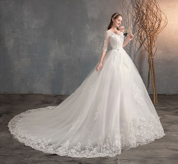 lace embroidery half sleeve wedding dresses long train wedding gown v neck elegant plus size vestido de noiva, White
lace embroidery half sleeve wedding dresses long train wedding gown v neck elegant plus size vestido de noiva, White