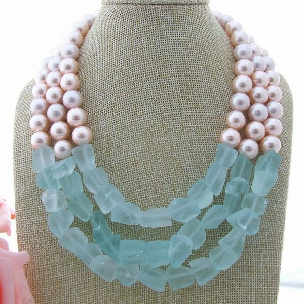 h010104 18"-22" 3 strands pink sea shell pearl blue quartz rough necklace, Silver