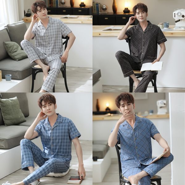a33to short sleeve suit men's pajamas cotton lapel striped plaid can be clothes home furnishing clothing worn outside thin cardigan hom, Blue;red
a33to short sleeve suit men's pajamas cotton lapel striped plaid can be clothes home furnishing clothing worn outside thin cardigan hom, Blue;red