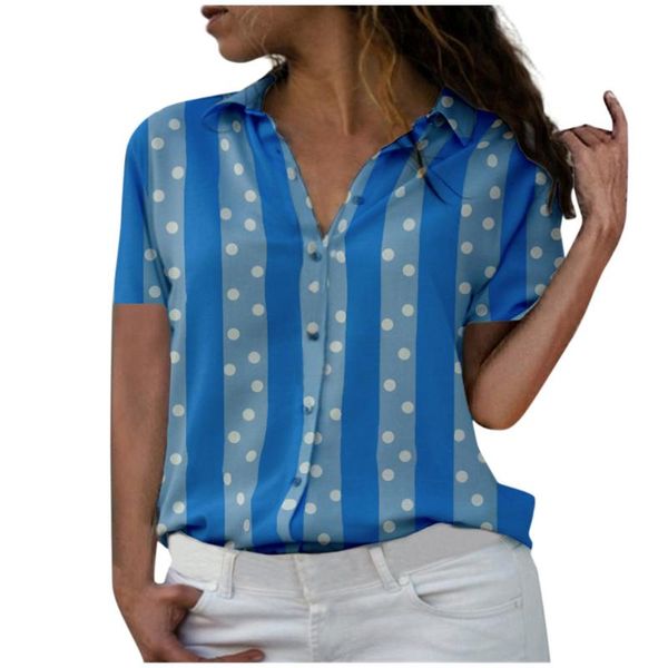 women striped pattern polka dot t-shirt patchwork color block button turn down collar tee summer short-sleeve shirt, White
women striped pattern polka dot t-shirt patchwork color block button turn down collar tee summer short-sleeve shirt, White