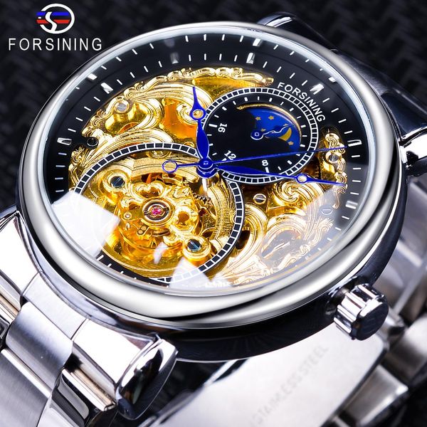 forsining 2019 royal moon phase design golden transparent clock men's automatic watch silver stainless steel, Slivery;brown
forsining 2019 royal moon phase design golden transparent clock men's automatic watch silver stainless steel, Slivery;brown