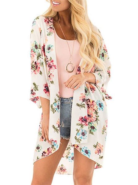 

summer beach chiffon sunscreen blouse floar printed long sleeve cape women fashion loose coat prevent bask clothes, Black