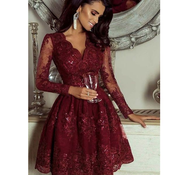 burgundy short lace cocktail prom dresses 2019 v neck long sleeve evening dresses vestido de noche formal gowns, Black
burgundy short lace cocktail prom dresses 2019 v neck long sleeve evening dresses vestido de noche formal gowns, Black