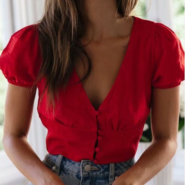 fashion blouse shirt 2019 summer sweetheart neckline button up crop with puff sleeves red short sleeve blouse crop, White
fashion blouse shirt 2019 summer sweetheart neckline button up crop with puff sleeves red short sleeve blouse crop, White