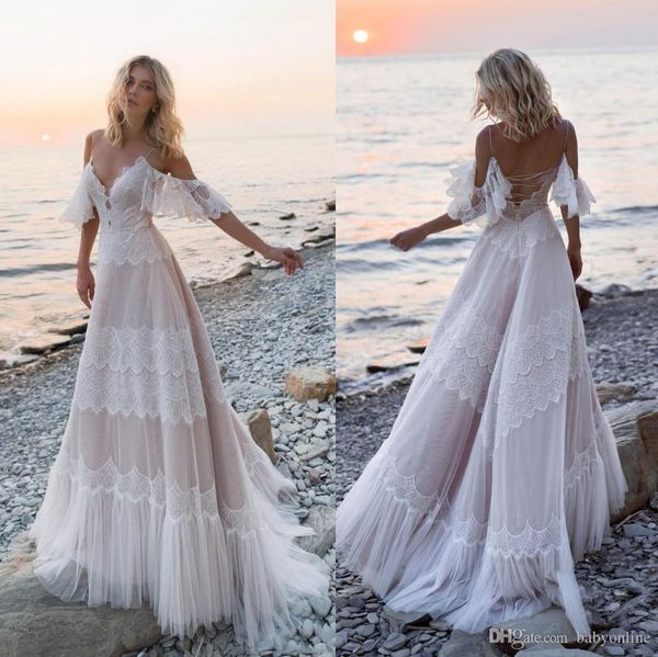 bohemian lace a line beach wedding dresses spaghetti strap tulle applique ruffles sweep train boho wedding dress bridal gowns robe de mariée, White
bohemian lace a line beach wedding dresses spaghetti strap tulle applique ruffles sweep train boho wedding dress bridal gowns robe de mariée, White