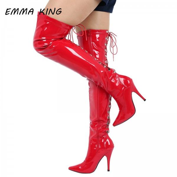 red patent leather lace up thigh high boots women pointed toe back cross straps knight boots side zip stiletto high heel shoes, Black
red patent leather lace up thigh high boots women pointed toe back cross straps knight boots side zip stiletto high heel shoes, Black