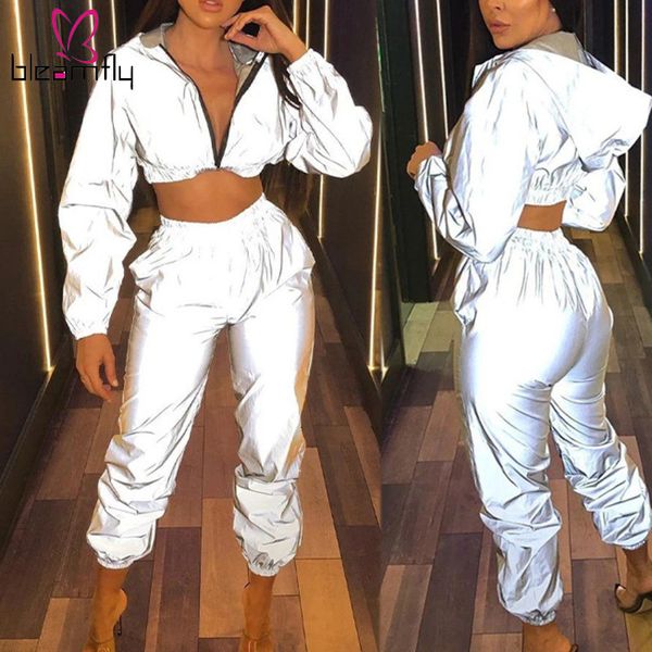women tracksuits 2 piece set reflective crop pants fashion 2019 ladies loose zipper shine jacket coat trouser suit plus size, White
women tracksuits 2 piece set reflective crop pants fashion 2019 ladies loose zipper shine jacket coat trouser suit plus size, White