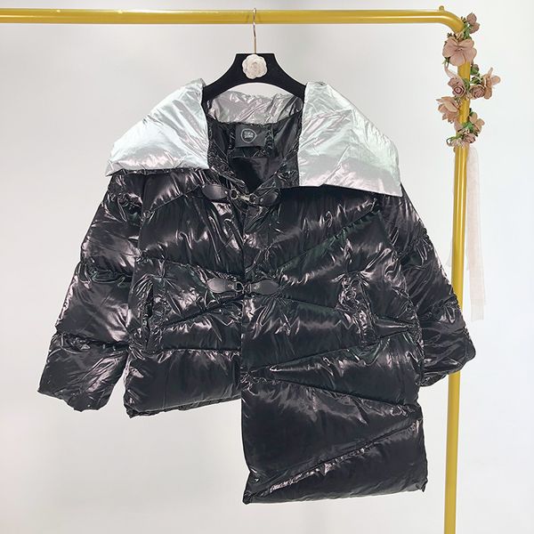 women's down & parkas 2021 winter personality design irregularity metal shiny cotton padded loose coat, Black