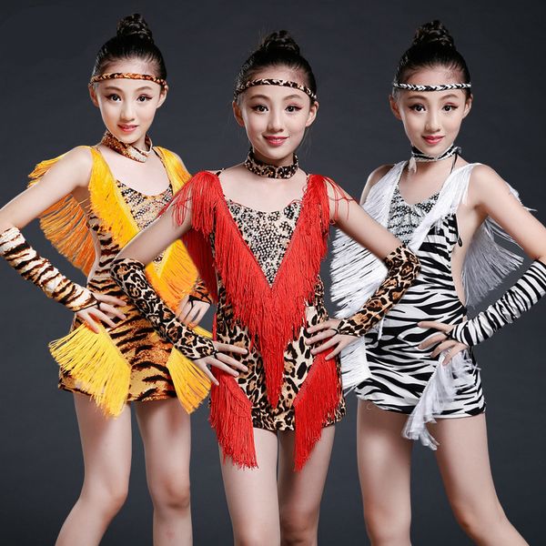 

tassel latin dance dress for girls salsa leopard spandex rumba tango children ballroom dresses for kids samba competition fringe, Black;red