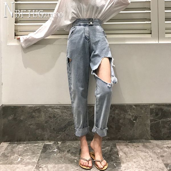 2020 spring retro chic women jeans loose hole design female denim pants, Blue
2020 spring retro chic women jeans loose hole design female denim pants, Blue