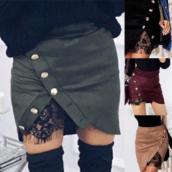 women solid color high waist side but-tons decor stitching lace mini skirt stitching lace mini skirt sk, Black
women solid color high waist side but-tons decor stitching lace mini skirt stitching lace mini skirt sk, Black