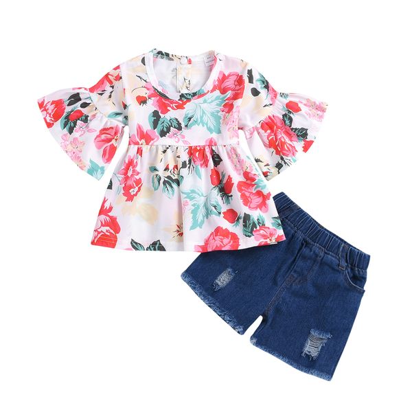 retail girls boutique outfits summer 2pcs shorts set flower printed trumpet sleeves shirt+hole denim short baby tracksuit designer clothes, White
retail girls boutique outfits summer 2pcs shorts set flower printed trumpet sleeves shirt+hole denim short baby tracksuit designer clothes, White