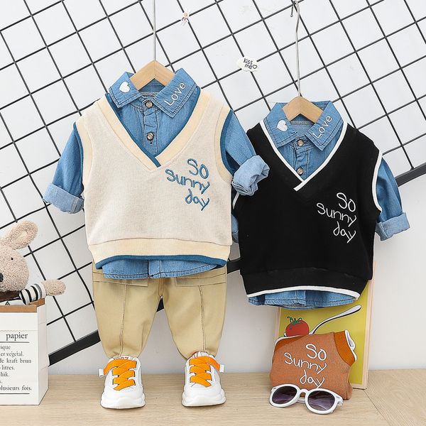 baby boys clothing sets long sleeve denim shirt + pants + knitted letter vest 3 pcs/set, White
baby boys clothing sets long sleeve denim shirt + pants + knitted letter vest 3 pcs/set, White