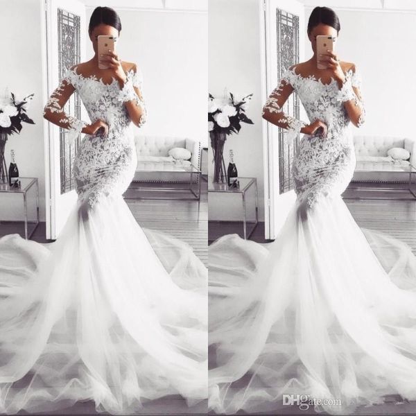 glamorous long sleeve wedding dress 2020 lace mermaid off shoulders appliques tulle bridal gowns custom made robe de mariee, White
glamorous long sleeve wedding dress 2020 lace mermaid off shoulders appliques tulle bridal gowns custom made robe de mariee, White