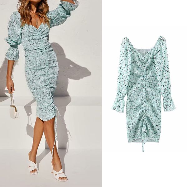 za 2020 floral print drawstring bodycon dress women long sleeve elastic chiffon dress elegant lady v neck summer dress, Black;gray
za 2020 floral print drawstring bodycon dress women long sleeve elastic chiffon dress elegant lady v neck summer dress, Black;gray