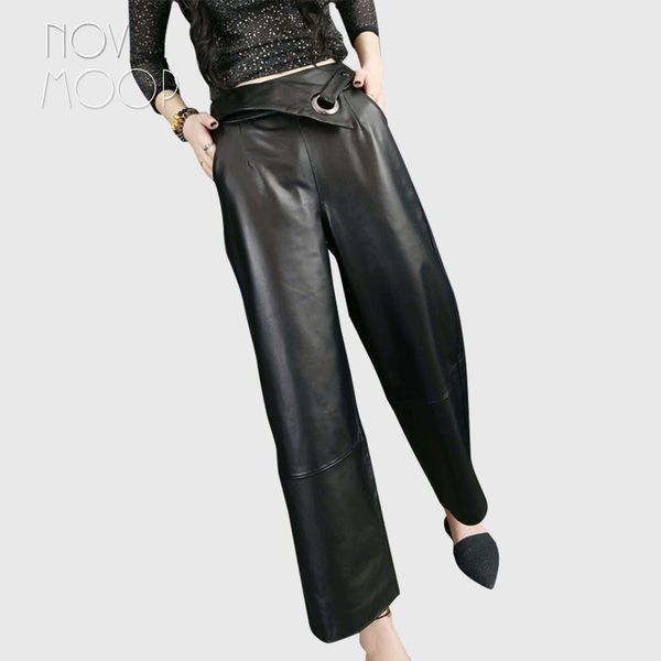 novmoop 2019 women high street fashion black elastic waist ankle-length lambskin real leather wide leg pants pantalon lt2926, Black;white
novmoop 2019 women high street fashion black elastic waist ankle-length lambskin real leather wide leg pants pantalon lt2926, Black;white