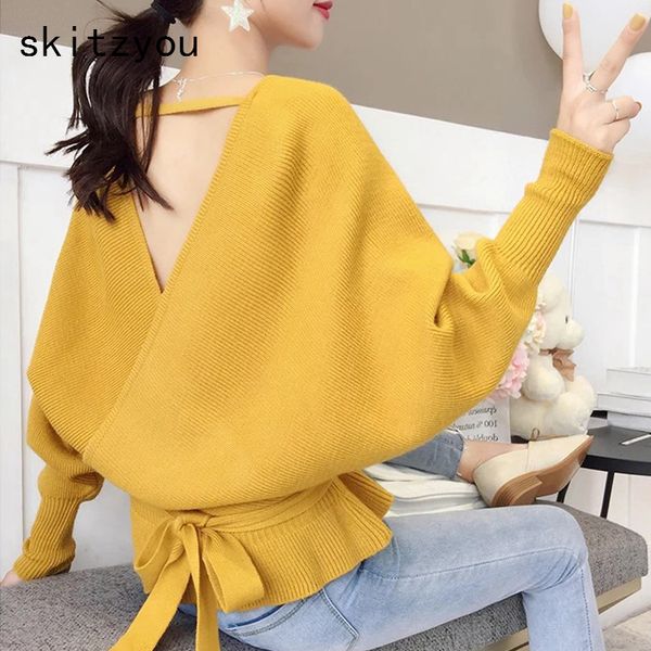 skitzyou backless women casual knitted sweaters long sleeve short pull femme v neck pullovers black red jumpers with belts, White;black
skitzyou backless women casual knitted sweaters long sleeve short pull femme v neck pullovers black red jumpers with belts, White;black