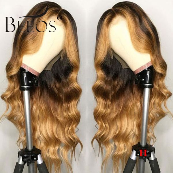 

beeos brazilian remy body wave 13*6 lace front human hair wig ombre blonde highlights color 180% density middle part pre plucked, Black;brown
