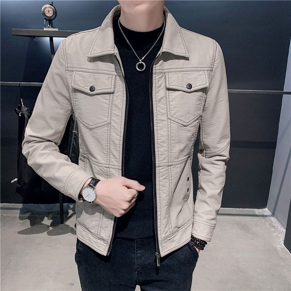 new male locomotive pu leather jacket youth leisure cultivate one's morality pure color double breast pocket leather lapels, Black
new male locomotive pu leather jacket youth leisure cultivate one's morality pure color double breast pocket leather lapels, Black