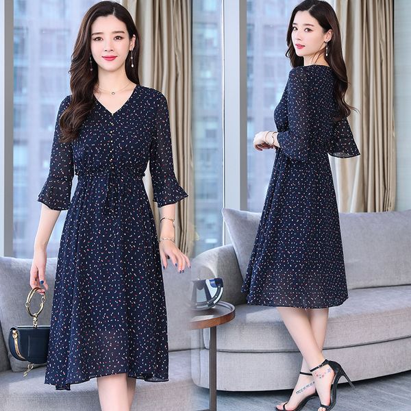2019 summer wear waist printing chiffon dress long fund lady temperament shivering thin short sleeve woman, White;black
2019 summer wear waist printing chiffon dress long fund lady temperament shivering thin short sleeve woman, White;black
