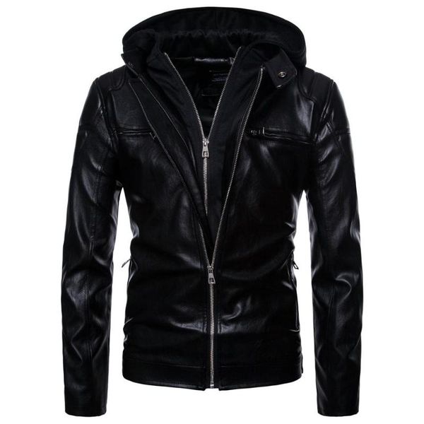 punk metrosexual man hooded biker leather coat motorcycle leather jacket coat, Black