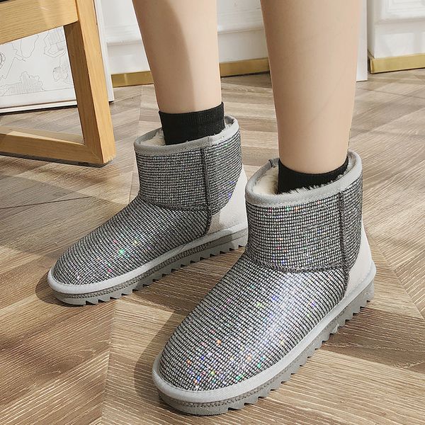 

rimocy shiny crystal snow boots women winter thicken plush warm ankle boots woman slip on cotton padded shoes female 4 colors, Black