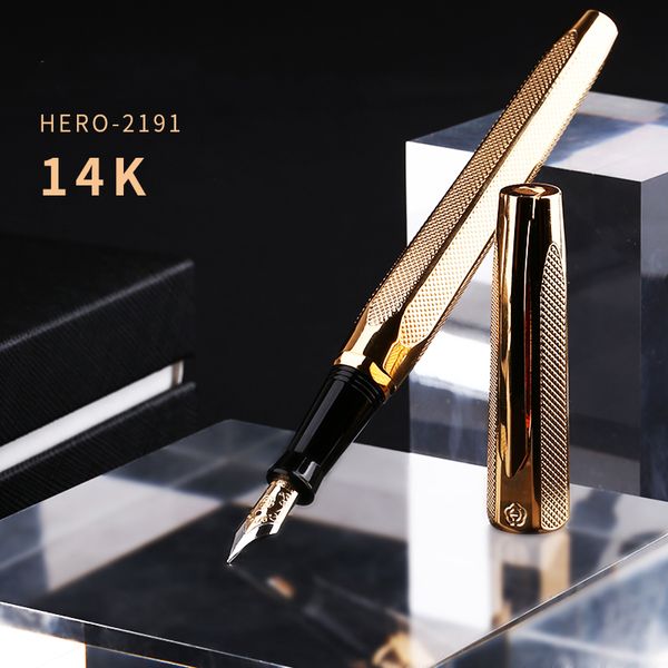 Hero 2191 14k Gold Collection Fountain Pen Golden Engraving Ripples Two-head Medium Nib Gift Pen And Box For Business Office