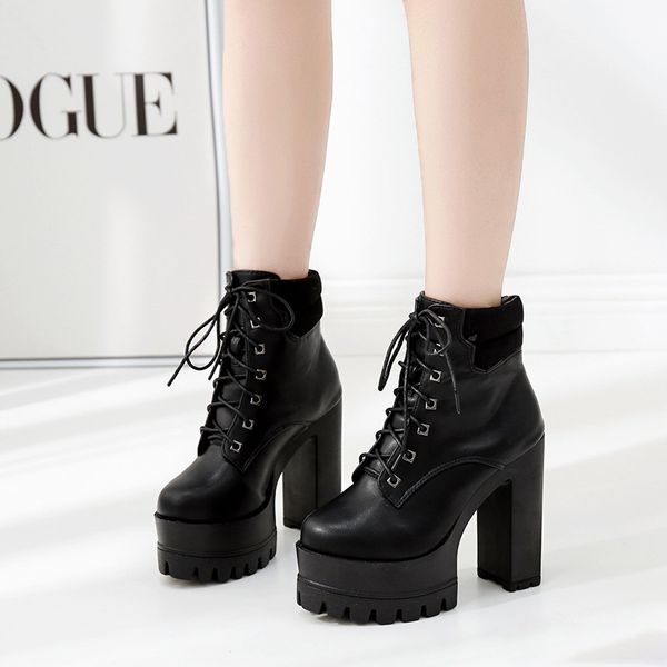 round toe rock shoes woman clogs platform lady boots lace up chunky heel martins ankle rubber high heel, Black
round toe rock shoes woman clogs platform lady boots lace up chunky heel martins ankle rubber high heel, Black