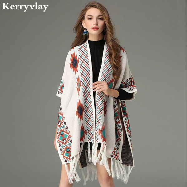 

bohemia folk style cloak poncho knitting sweater coat sueter mujer invierno 2017 jacquard fringed shawl poncho feminino k5257, White;black
