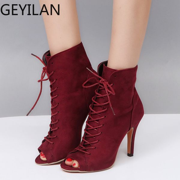 plus size ankle boots women platform high heels female lace up women's shoes peep toe woman short boot ladies footwear#3, Black