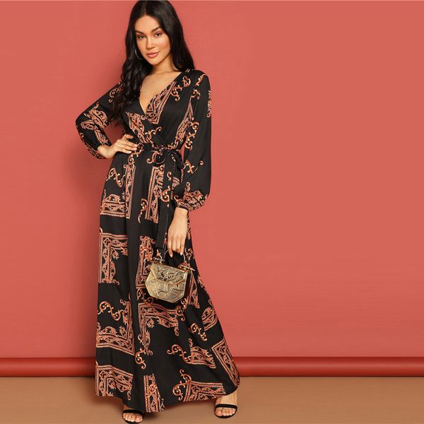 v neck scarf print belted wrap casual dress women 2019 spring long sleeve party maxi dress vacation ladies dresses, Black;gray
v neck scarf print belted wrap casual dress women 2019 spring long sleeve party maxi dress vacation ladies dresses, Black;gray