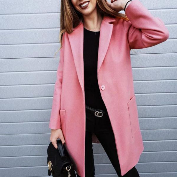 

2018 winter long sleeve pink jacket women long warm woolen coats women slim pockets wool blends coat turndown collar coat female, Black