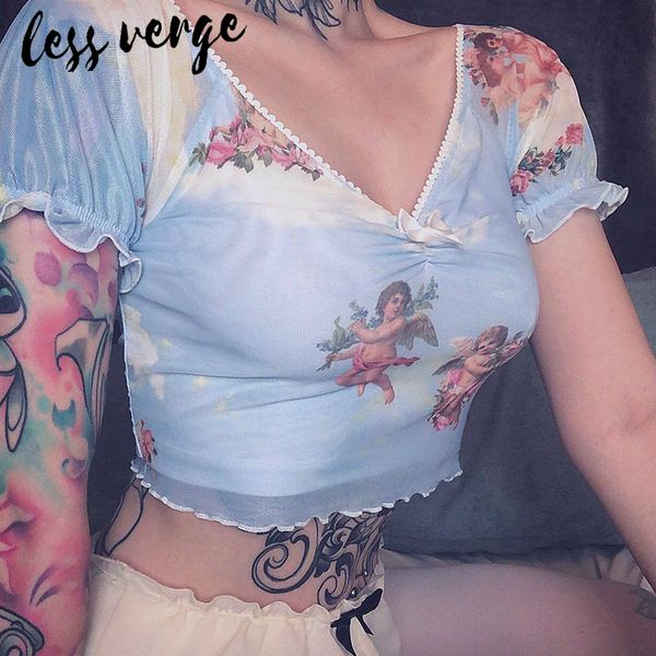 lessverge v neck print casual two piece set ruffles crop camis shirt bow blue tank wide leg long pants streetwear, White