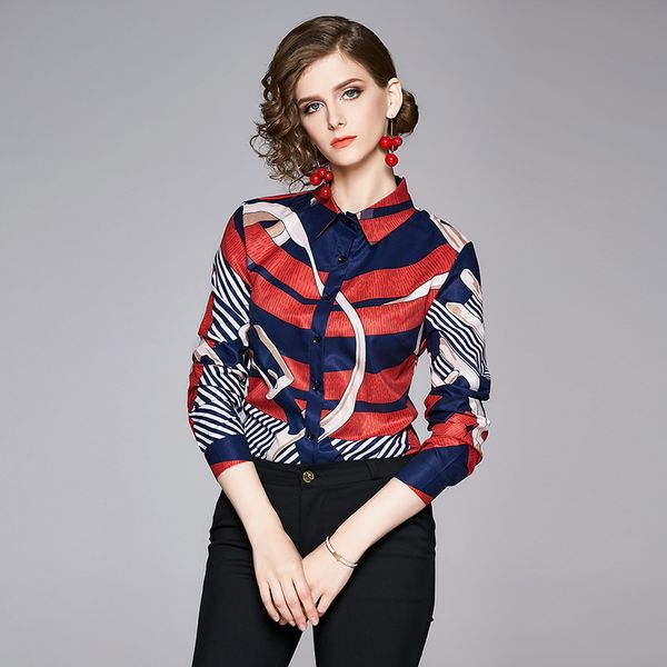 2020 elegant striped designer shirts women printed long sleeve lapel neck slim ladies runway shirt blouses casual office button shirts, White
2020 elegant striped designer shirts women printed long sleeve lapel neck slim ladies runway shirt blouses casual office button shirts, White