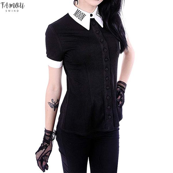 women moon print womens shirt gothic punk black blouse v neck button womens down short sleeve shirt g6, White 
women moon print womens shirt gothic punk black blouse v neck button womens down short sleeve shirt g6, White