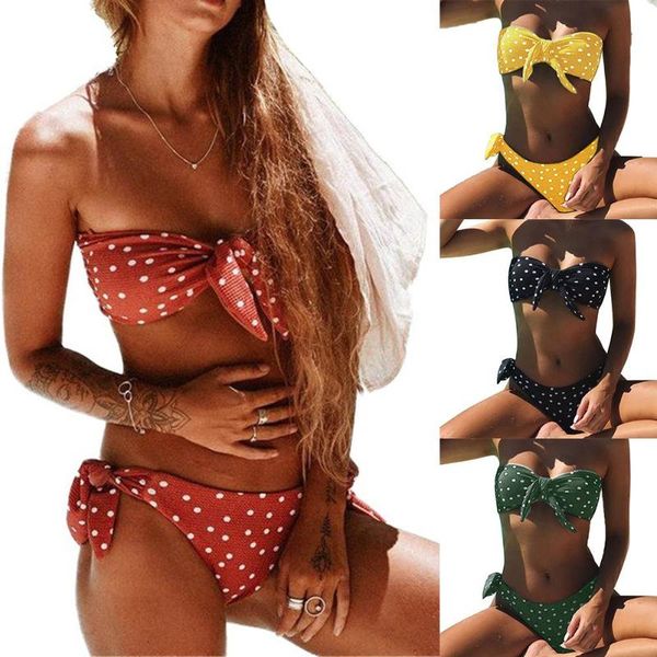 women's swimwear 2pcs women dot print bowtie strapless bra briefs bikini set beach swimsuit, White;black
women's swimwear 2pcs women dot print bowtie strapless bra briefs bikini set beach swimsuit, White;black