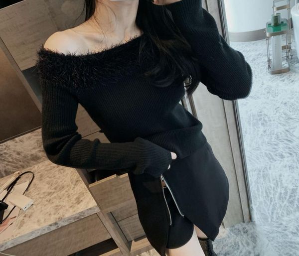 dark plush flat-shoulder knitted bottom 2020 pullovers slash neck winter sweater women, White;black
dark plush flat-shoulder knitted bottom 2020 pullovers slash neck winter sweater women, White;black