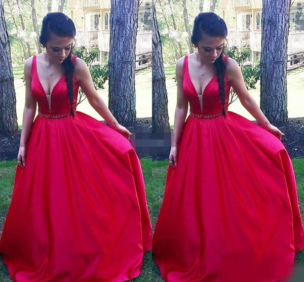 2020 red satin prom dresses deep v sheer neck beaded crystal straps a line floor length custom made evening gown formal occasion wear, Black
2020 red satin prom dresses deep v sheer neck beaded crystal straps a line floor length custom made evening gown formal occasion wear, Black