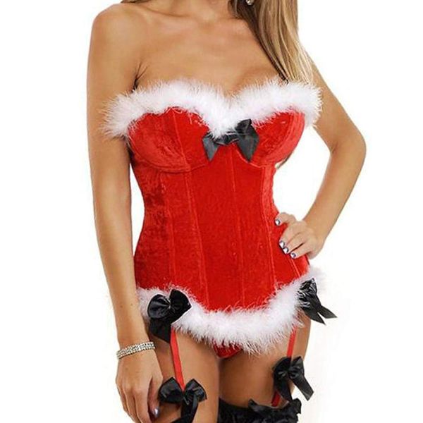 red fluffy trim velvet strapless overbust bustier corset satin bow and suspender christmas mrs santa role play costume, Black;white
red fluffy trim velvet strapless overbust bustier corset satin bow and suspender christmas mrs santa role play costume, Black;white