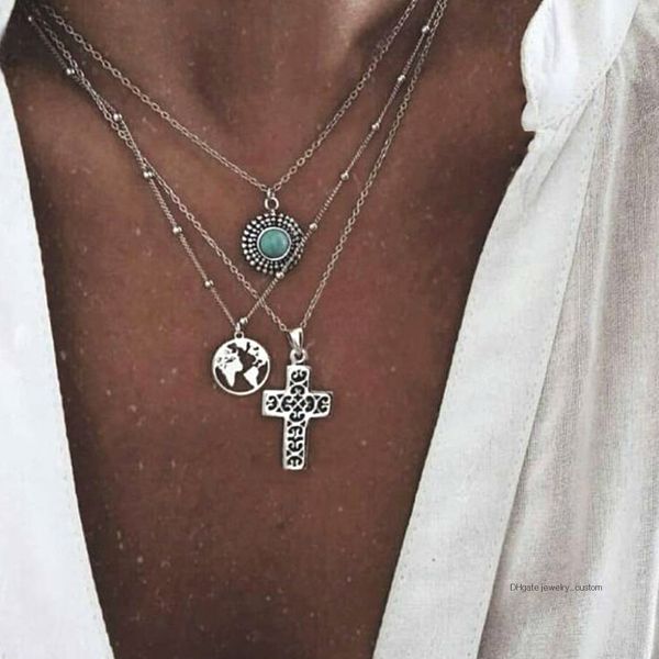 Bohemian Retro Cross Map Gem Geometric Pendant Multilayer Silver Necklace Women Charm Clavicle Chain Party Wedding Jewelry Gifts