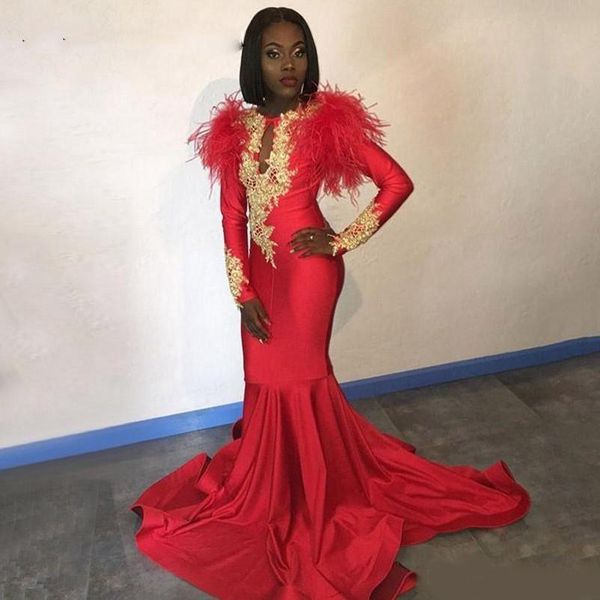 african red 2020 prom dresses long sleeves gold appliques feather formal mermaid evening dress party gowns, Black;red
african red 2020 prom dresses long sleeves gold appliques feather formal mermaid evening dress party gowns, Black;red