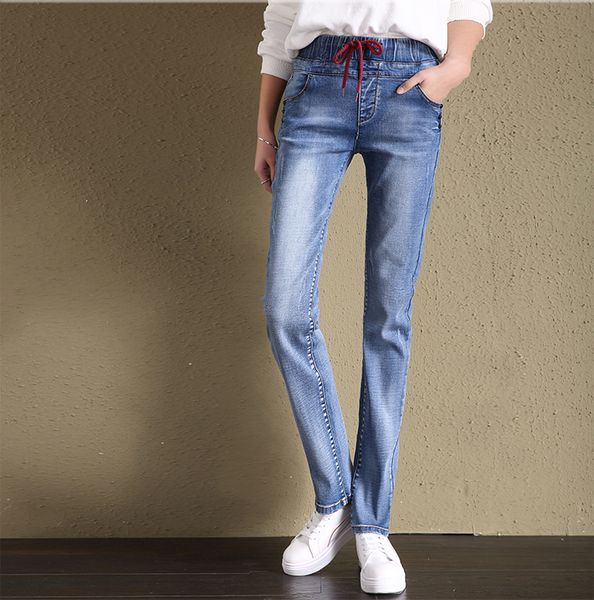 lake blue for spring straight jeans loose version of elastic waist trousers of female college wind stretch pants
lake blue for spring straight jeans loose version of elastic waist trousers of female college wind stretch pants