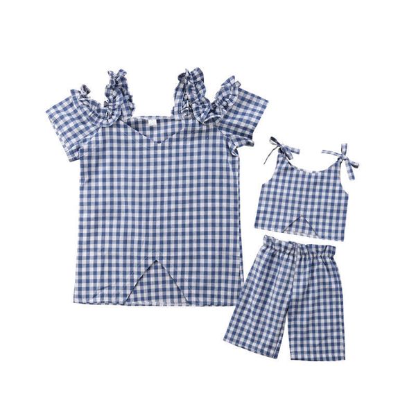 

Summer Family Clothes Mother Daughter Blue White Plaid Tops Off-Shoulder Suspenders Shirt Cropped Trousers Pants Outfits