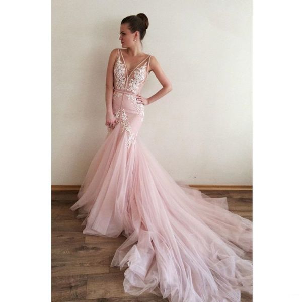 blush pink wedding dresses sheer v neck backless appliques lace tulle long mermaid modern bridal gown custom plus size, White
blush pink wedding dresses sheer v neck backless appliques lace tulle long mermaid modern bridal gown custom plus size, White