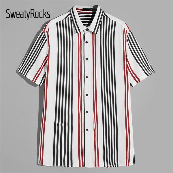 sweatyrocks men stripe print buttoned shirt streetwear vacation shirts fashion clothing 2019 summer short sleeve male shirt, White;black
sweatyrocks men stripe print buttoned shirt streetwear vacation shirts fashion clothing 2019 summer short sleeve male shirt, White;black