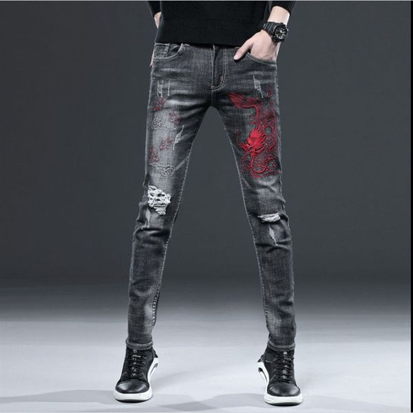autumn embroidery flower hole chinese style red dragon jeans men's straight slim feet pants trend patch retro trousers -ker001, Blue
autumn embroidery flower hole chinese style red dragon jeans men's straight slim feet pants trend patch retro trousers -ker001, Blue