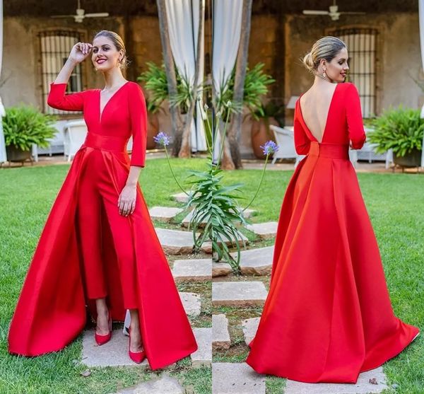 red jumpsuits prom dresses 3/4 long sleeves v neck formal evening party gowns special occasion pants, Black
red jumpsuits prom dresses 3/4 long sleeves v neck formal evening party gowns special occasion pants, Black